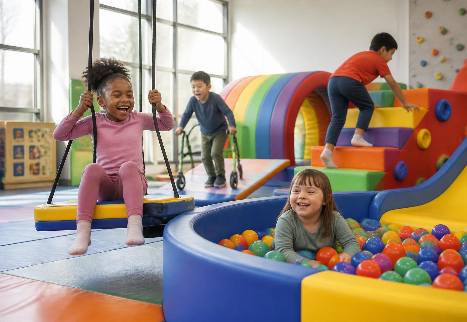 Diverse children joyfully playing at Chase & Chance sensory gym